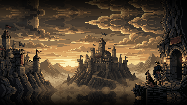 A cidade murada, o castelo no morro e a entrada da masmorra, em pixel art